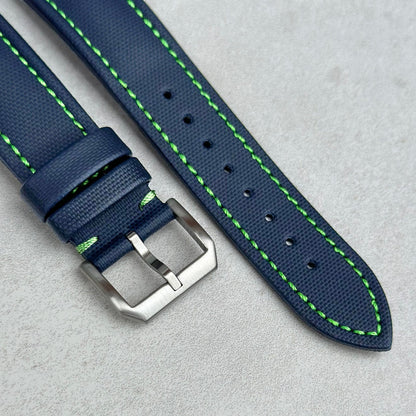 The Bermuda: Navy Blue Sail Cloth Apple Watch Strap With Contrast Green Stitching