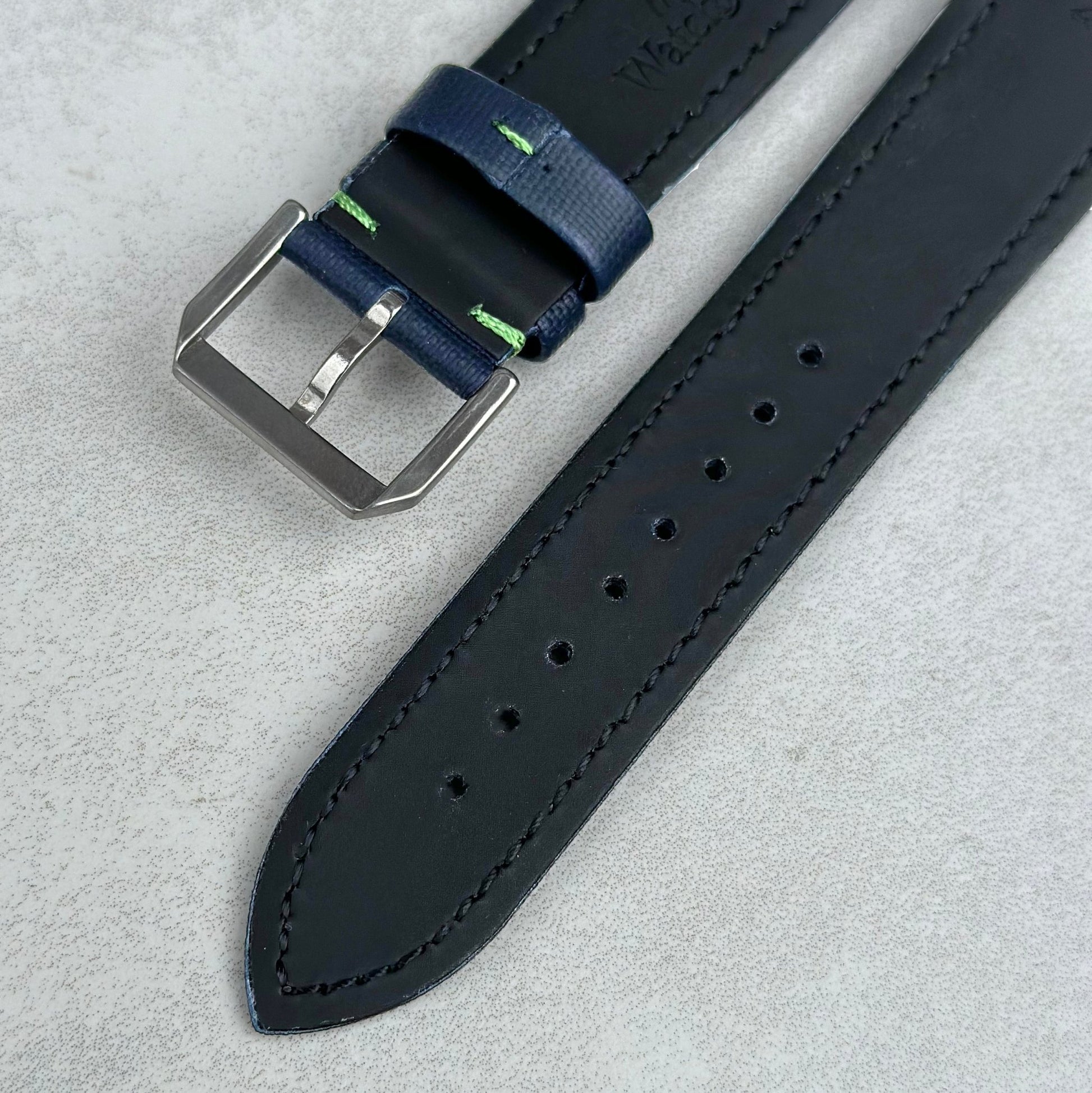 Underside of the brushed 316L stainless steel buckle on the Bermuda navy blue sail cloth watch strap.