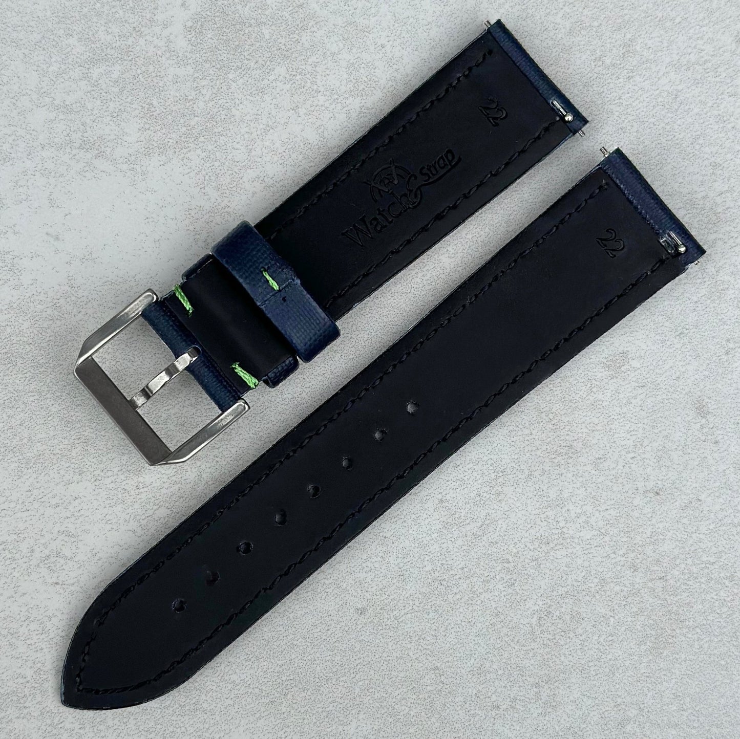 Rear of the Bermuda navy blue sail cloth watch strap with contrast green stitching. Quick release pins. Watch And Strap