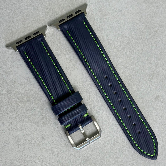 Bermuda navy blue sail cloth Apple Watch strap with green stitching. Series 3, 4, 5, 6, 7, 8, 9, SE and Ultra.