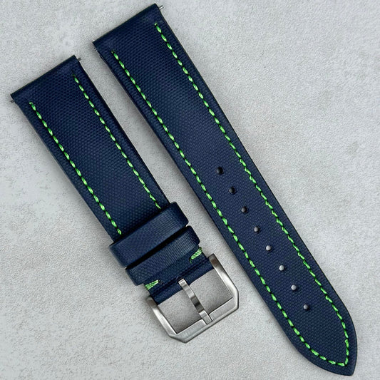 Bermuda navy blue sail cloth watch strap with contrast green stitching. 20mm, 22mm. Watch And Strap