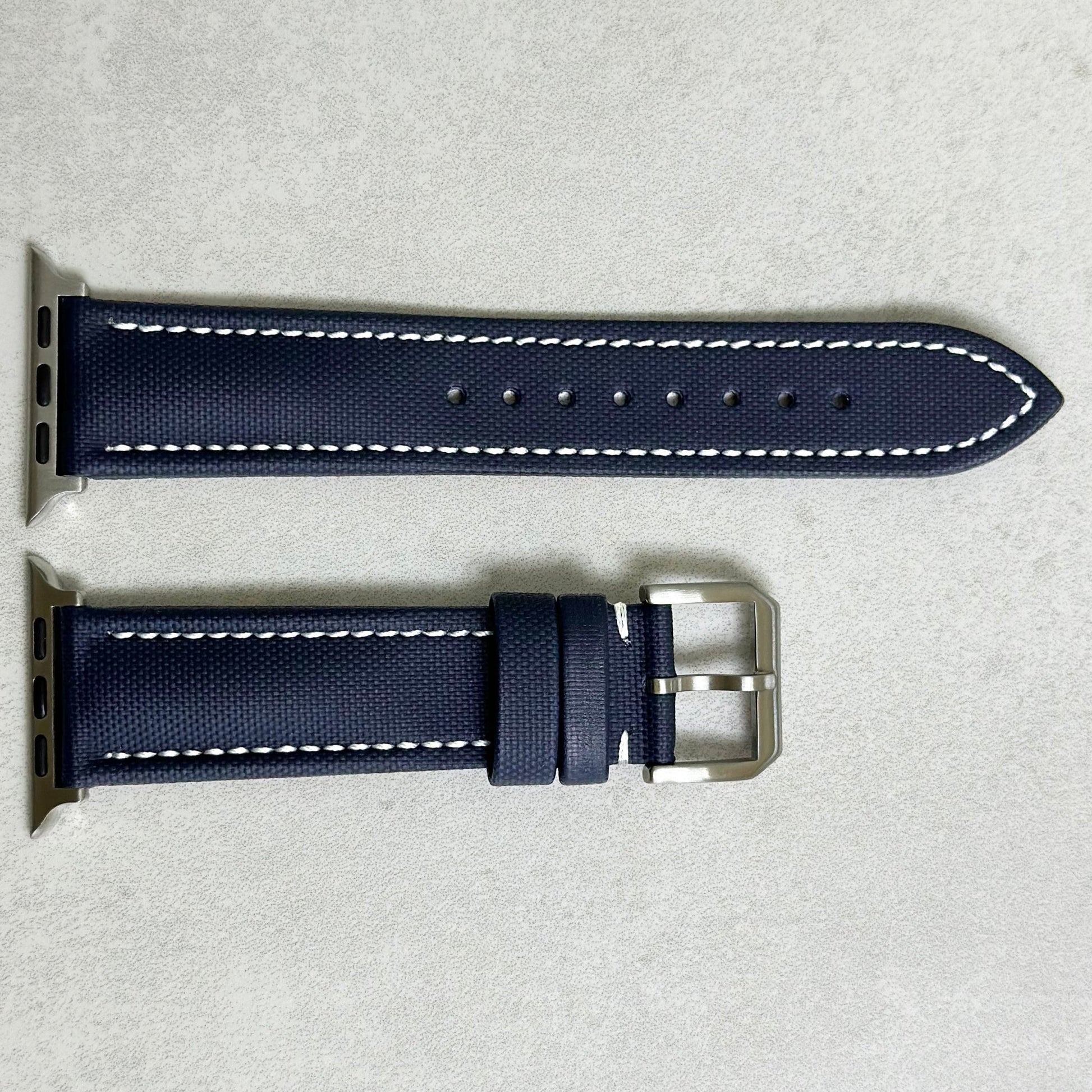 Bermuda navy blue sail cloth Apple Watch strap. White stitching. Series 3, 4, 5, 6, 7, 8, 9, SE and Ultra. Watch And Strap