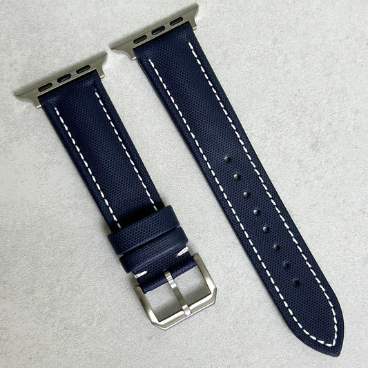 Bermuda navy blue sail cloth Apple Watch strap. White stitching. Series 3, 4, 5, 6, 7, 8, 9, SE and Ultra. Watch And Strap