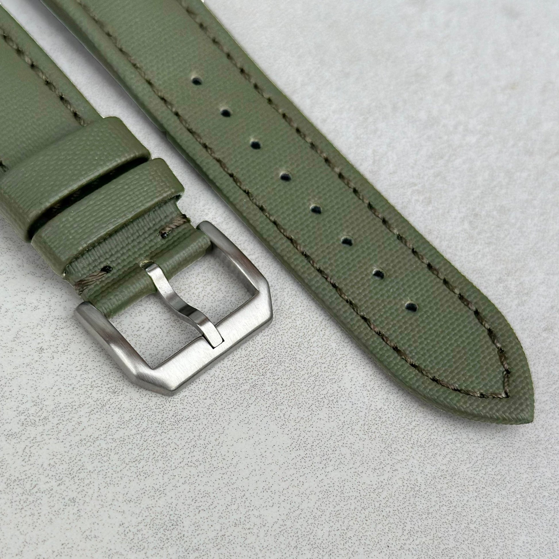 Brushed 316L stainless steel buckle on the Bermuda khaki green sail cloth watch strap. Watch And Strap