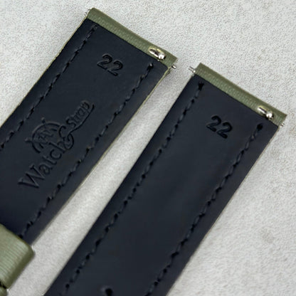 Quick release pins on the Bermuda khaki green sail cloth watch strap. Watch And Strap.