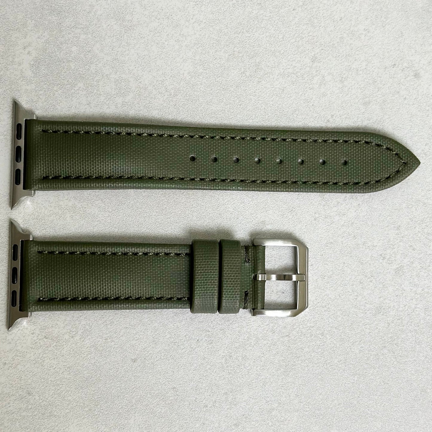 Bermuda khaki green sail cloth Apple Watch strap. Series 3, 4, 5, 6, 7, 8, 9, SE and Ultra. Watch And Strap