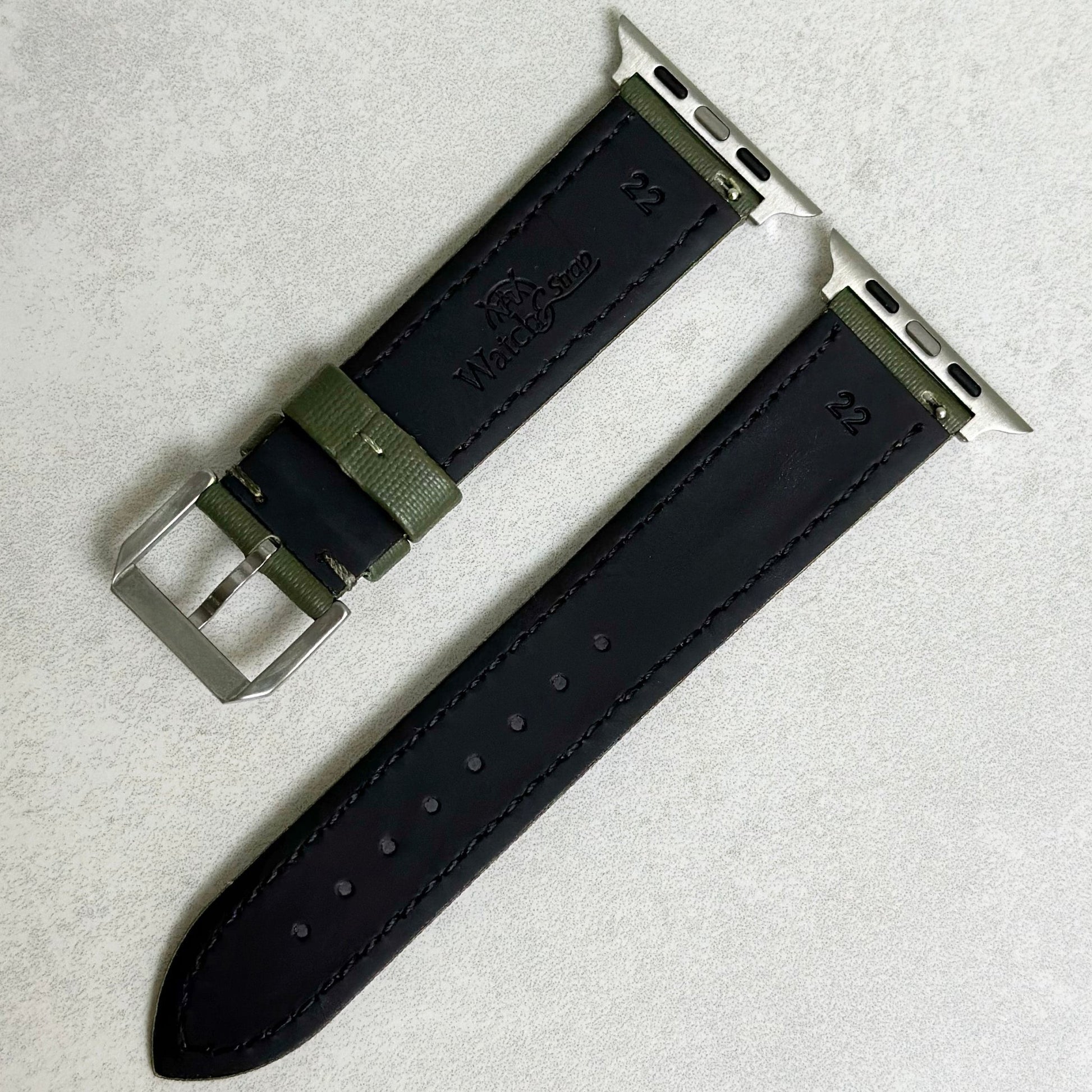 Rear of the Bermuda khaki green Apple Watch strap. Black leather. Watch And Strap