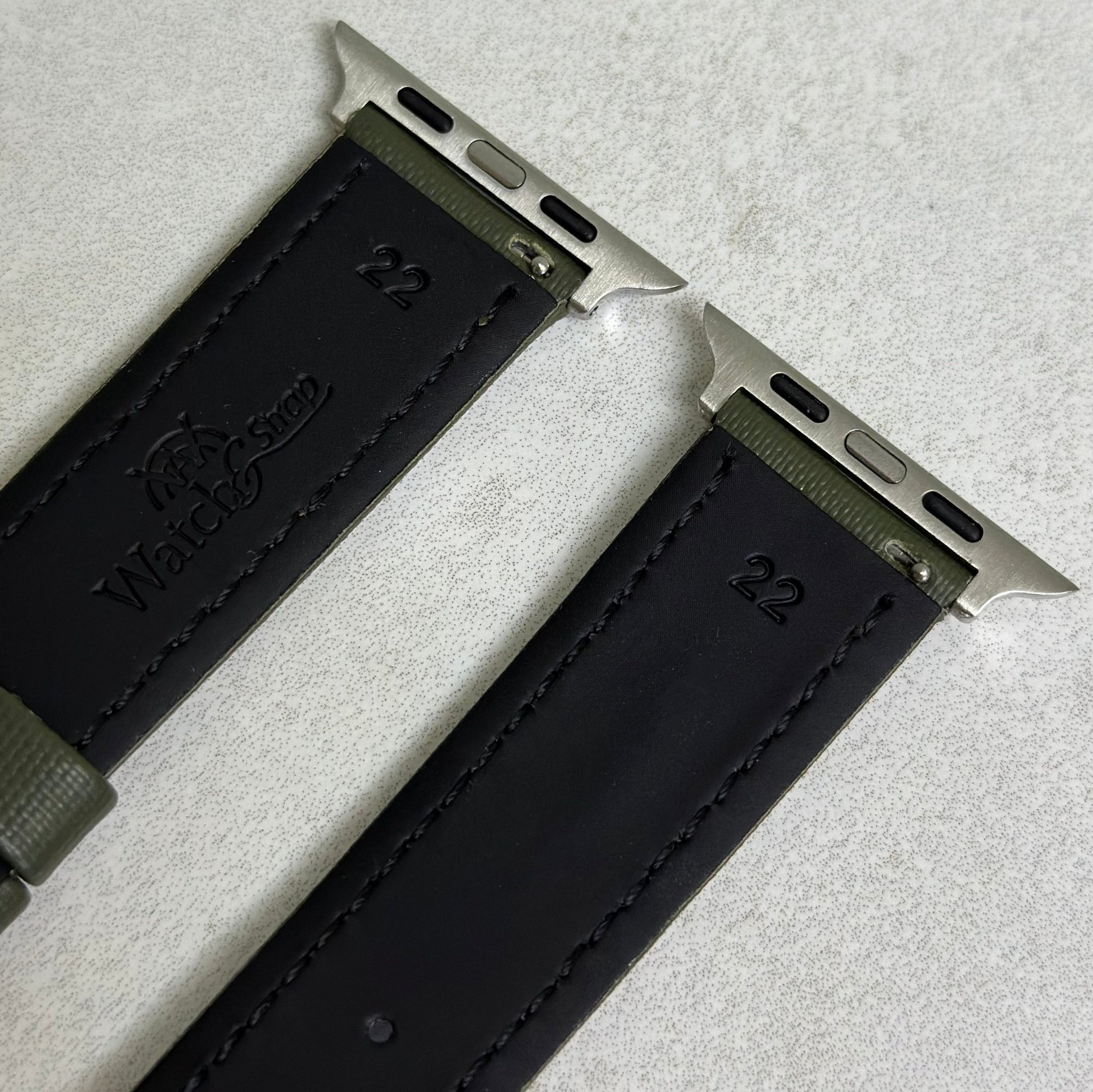 Rear of the Bermuda khaki green Apple Watch strap. Black leather. Watch And Strap