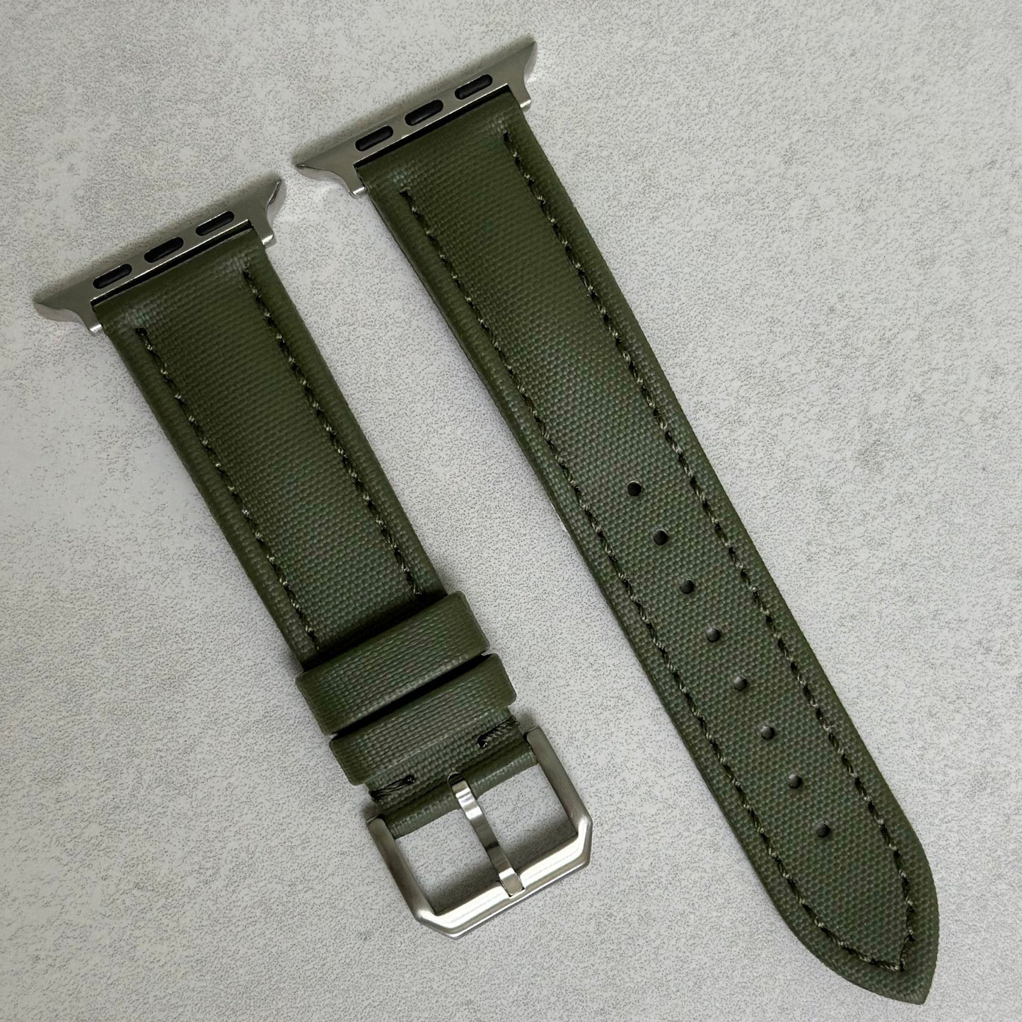 Bermuda khaki green sail cloth Apple Watch strap. Series 3, 4, 5, 6, 7, 8, 9, SE and Ultra. Watch And Strap