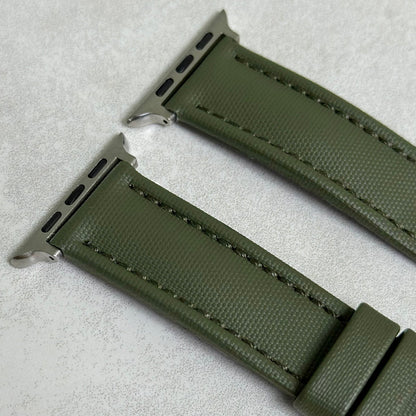 Top of the Bermuda khaki green sail cloth Apple Watch strap. Padded sail cloth strap. Stainless steel hardware.