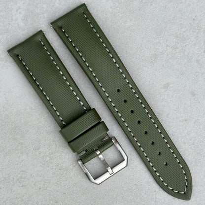 The Bermuda: Khaki Green Sail Cloth Watch Strap With Contrast Grey Stitching