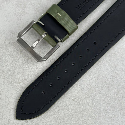 The Bermuda: Khaki Green Sail Cloth Watch Strap With Contrast Grey Stitching