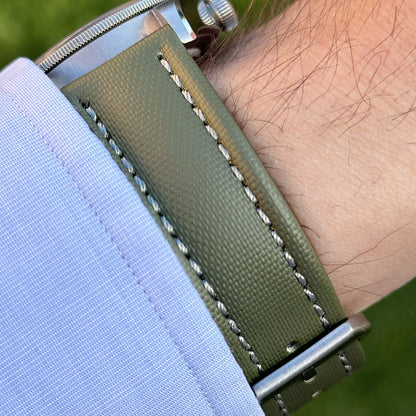 The Bermuda: Khaki Green Sail Cloth Watch Strap With Contrast Grey Stitching