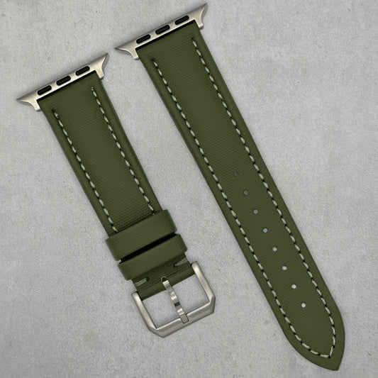 Bermuda khaki green sail cloth Apple Watch strap with grey stitching. Apple Watch series 3, 4, 5, 6, 7, 8, 9, SE and Ultra.