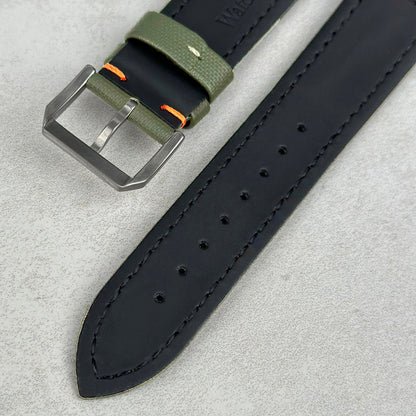 The Bermuda: Khaki Green Sail Cloth Watch Strap With Contrast Orange Stitching