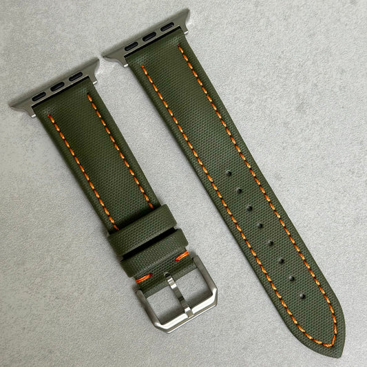 Bermuda khaki green and orange sail cloth Apple Watch strap. Apple Watch series 3, 4, 5, 6, 7, 8, 9, SE and Ultra.