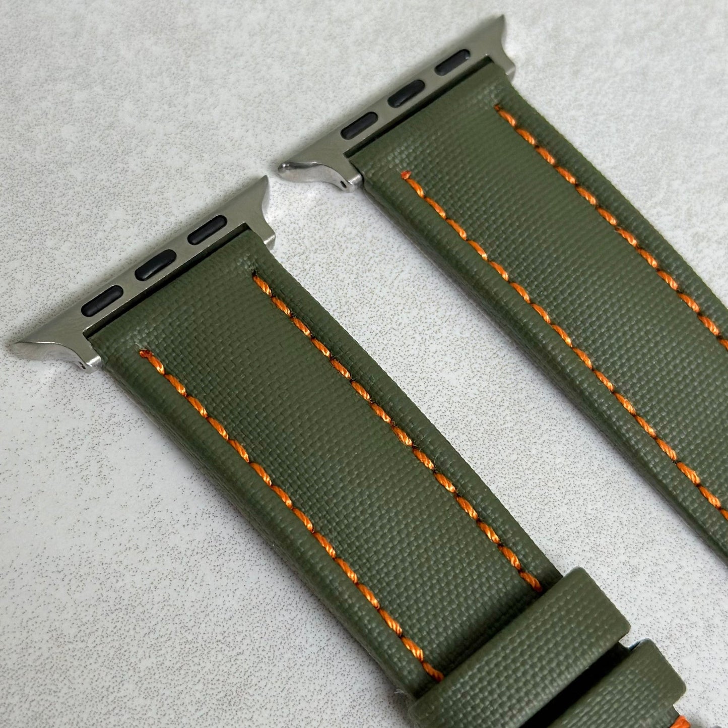 The Bermuda: Khaki Green Sail Cloth Apple Watch Strap With Contrast Orange Stitching