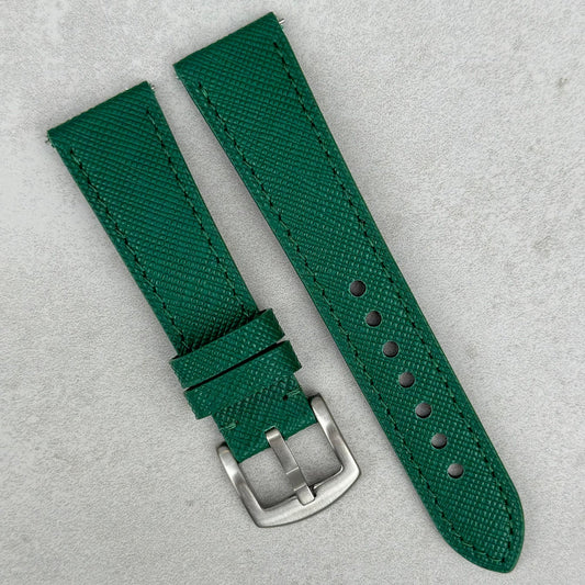Florence emerald green saffiano leather watch strap. 316L stainless steel buckle. 18mm, 20mm, 22mm, 24mm. Watch And Strap.