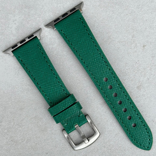 Florence emerald green full Saffiano leather Apple Watch strap. Apple Watch Series 3, 4, 5, 6, 7, 8, 9, SE and Ultra.