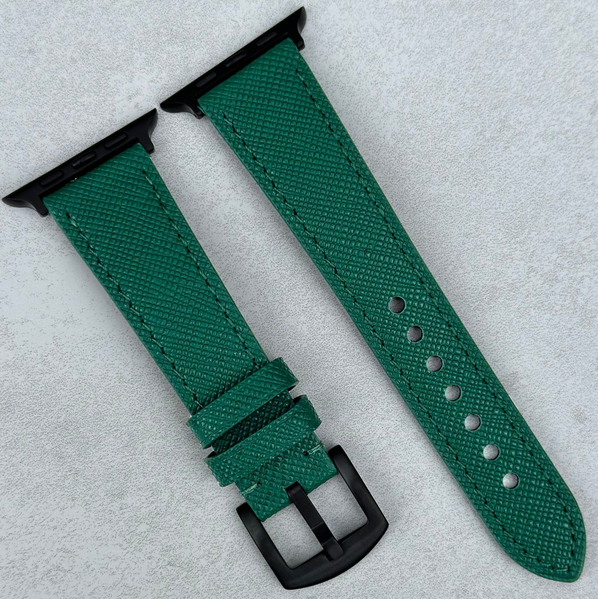 Florence Saffiano Leather Apple Watch Strap with PVD black stainless steel hardware. Apple Watch Series 3, 4, 5, 6, 7, 8, 9.