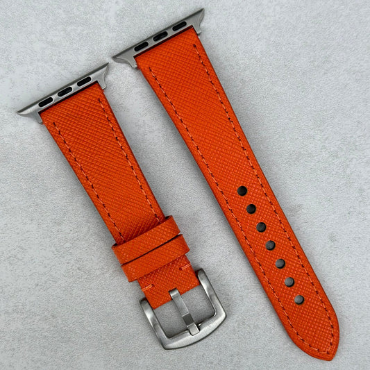 Florence saffron orange Saffiano leather Apple Watch Strap. Apple Watch Series 3, 4, 5, 6, 7, 8, 9, SE and Ultra.