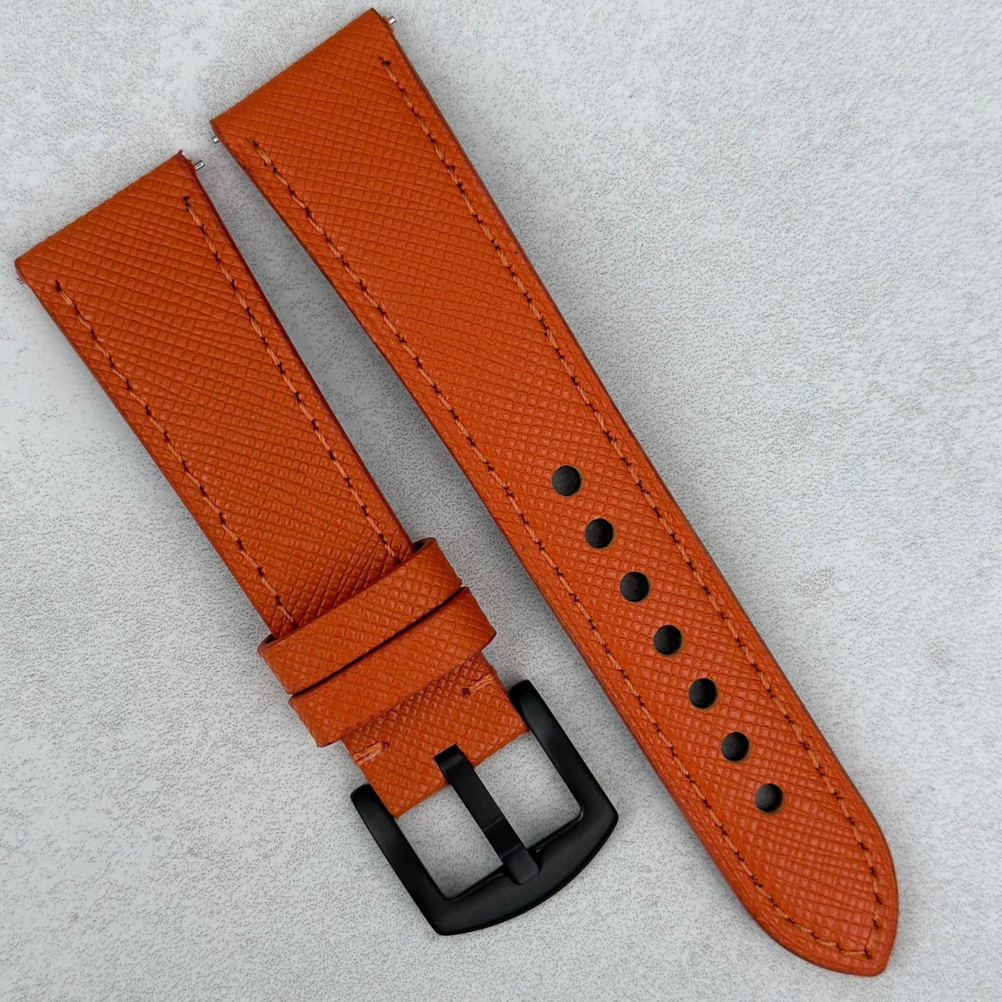 Orange Saffiano Leather watch strap. PVD Black Brushed 316L stainless steel buckle. 18mm, 20mm, 22mm, 24mm. Watch And Strap.