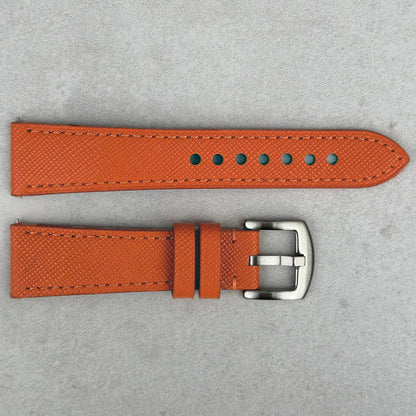 Florence Orange Saffiano Leather watch strap. Brushed 316L stainless steel buckle. 18mm, 20mm, 22mm, 24mm. Watch And Strap.
