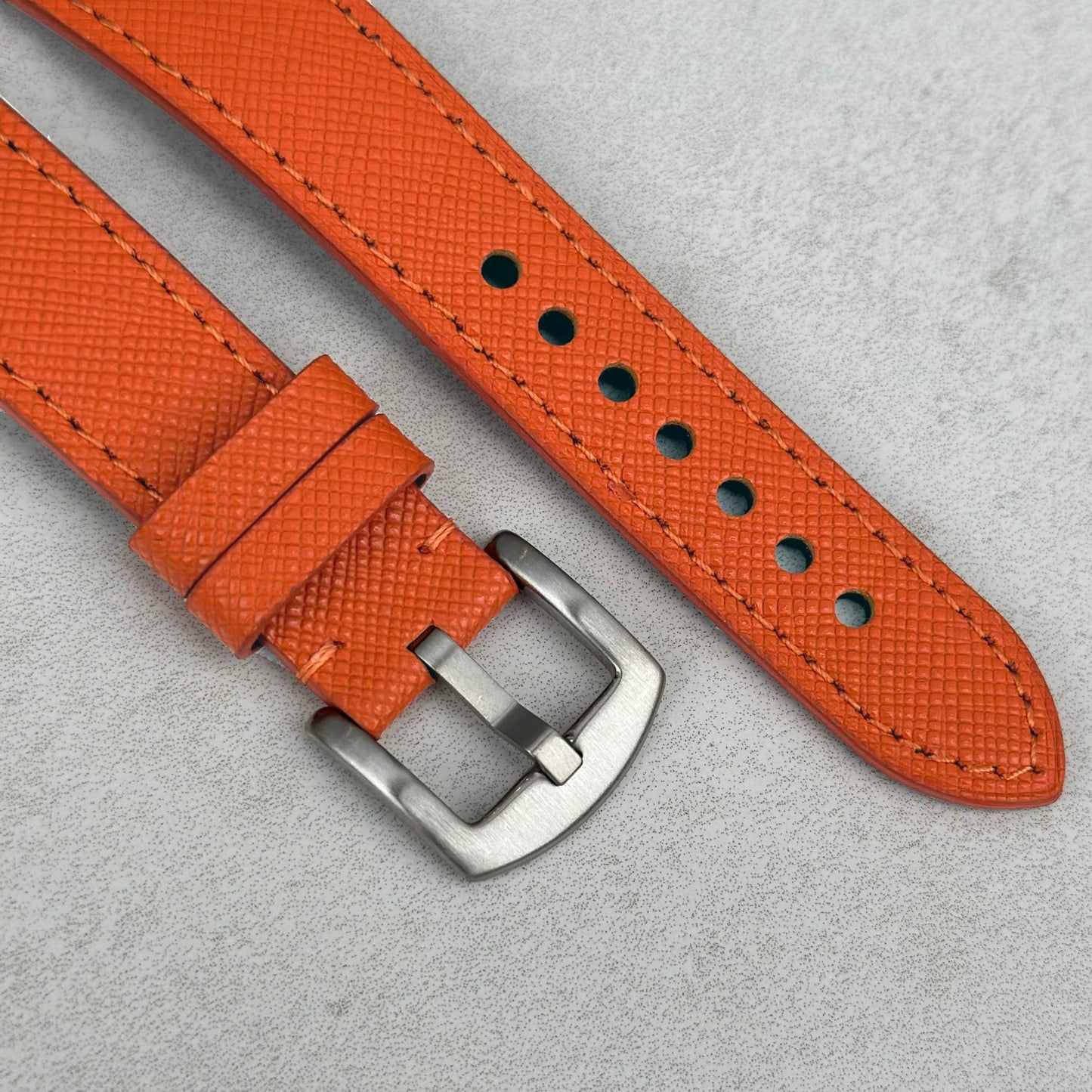 Brushed 316L stainless steel buckle on the Florence Saffiano leather watch strap. Watch And Strap.