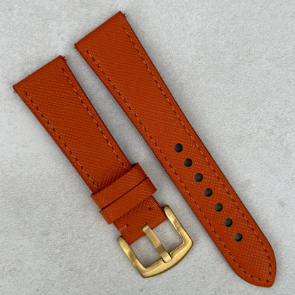Orange Saffiano Leather watch strap. PVD gold, brushed 316L stainless steel buckle. 18mm, 20mm, 22mm, 24mm. Watch And Strap.
