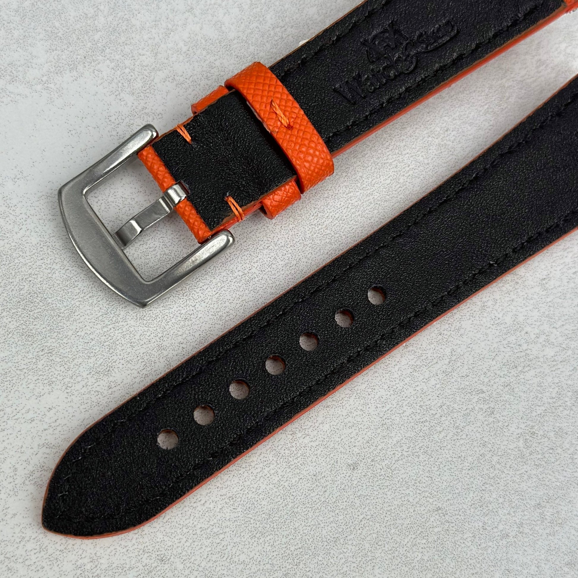 Underside Buckle on the Florence orange saffiano leather watch strap. Watch And Strap