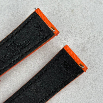 Quick release pins on the Florence orange Saffiano leather watch strap. Watch And Strap