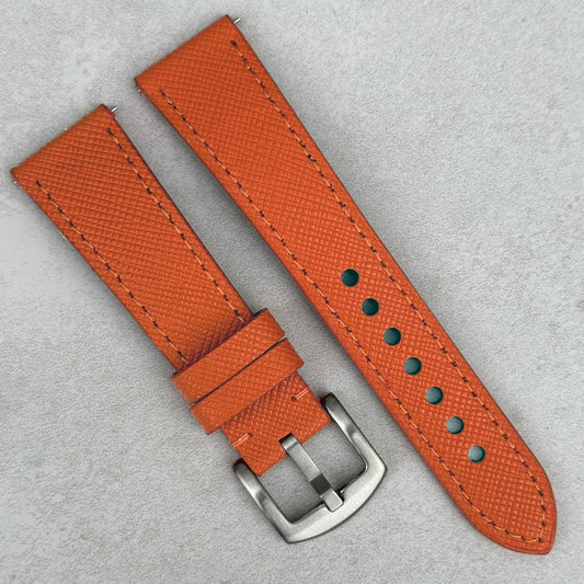 Florence Orange Saffiano Leather watch strap. Brushed 316L stainless steel buckle. 18mm, 20mm, 22mm, 24mm. Watch And Strap