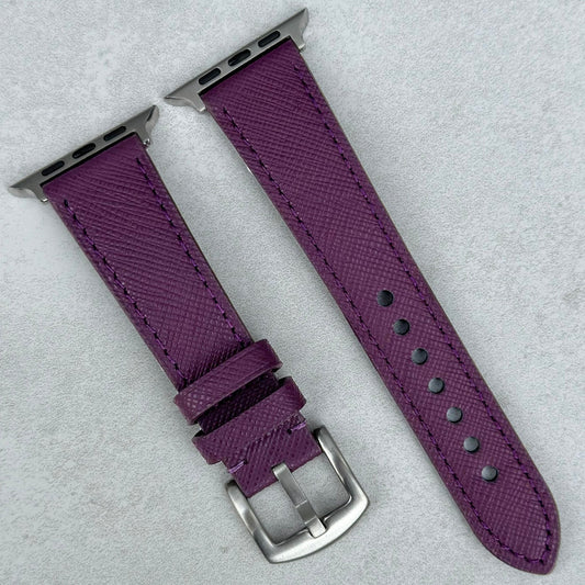 Royal purple Saffiano leather Apple Watch strap. 316L stainless steel. Apple Watch Series 3, 4, 5, 6, 7, 8, 9, SE, Ultra.