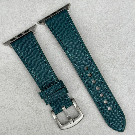 Florence teal Saffiano leather Apple Watch strap. Apple Watch Series 3, 4, 5, 6, 7, 8, 9, SE, Ultra. Watch And Strap.