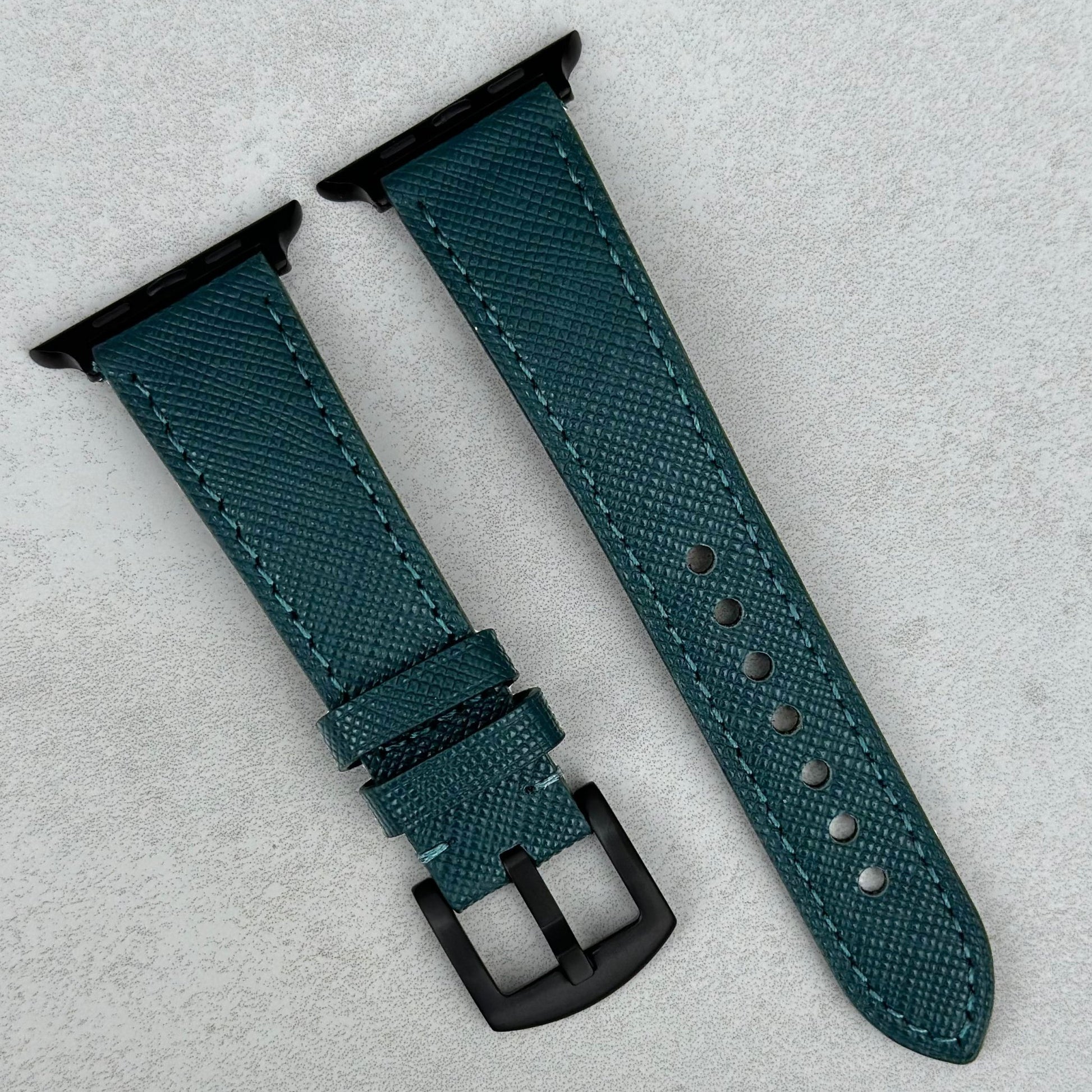 Florence teal Saffiano leather Apple Watch strap. PVD black stainless steel hardware. Watch And Strap.