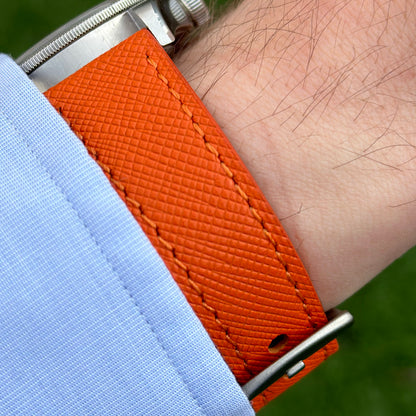 Wrist shot of the Florence Saffiano Leather watch strap on the Tudor Blackbay 58. Watch And Strap.