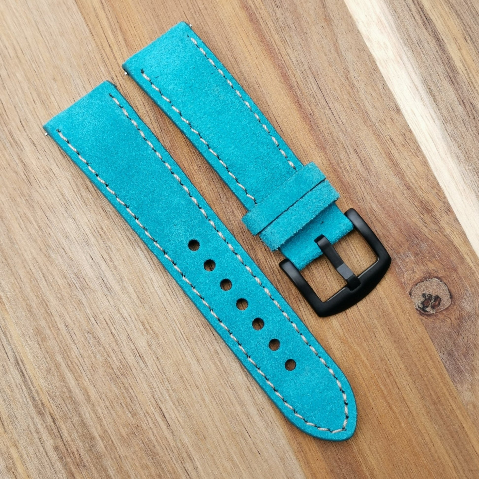 Paris turquoise suede watch strap with contrast ivory stitching. 18mm, 20mm, 22mm, 24mm. PVD black buckle. Watch And Strap.