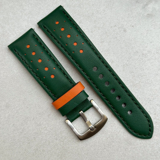 Le Mans Full Grain leather green and orange racing strap. Two tone leather green stitching. Racing watch strap.