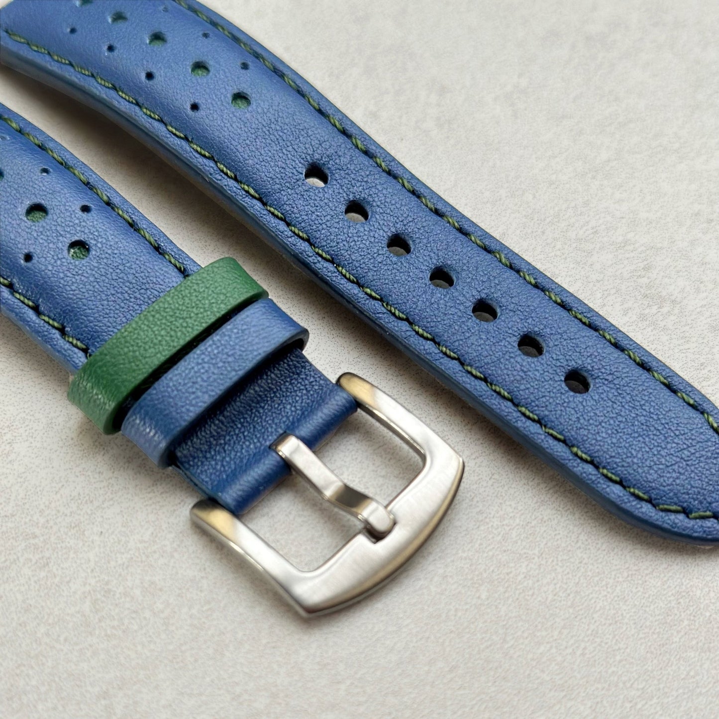Brushed 316L stainless steel buckle on the Le Mans blue and green full grain leather racing watch strap.