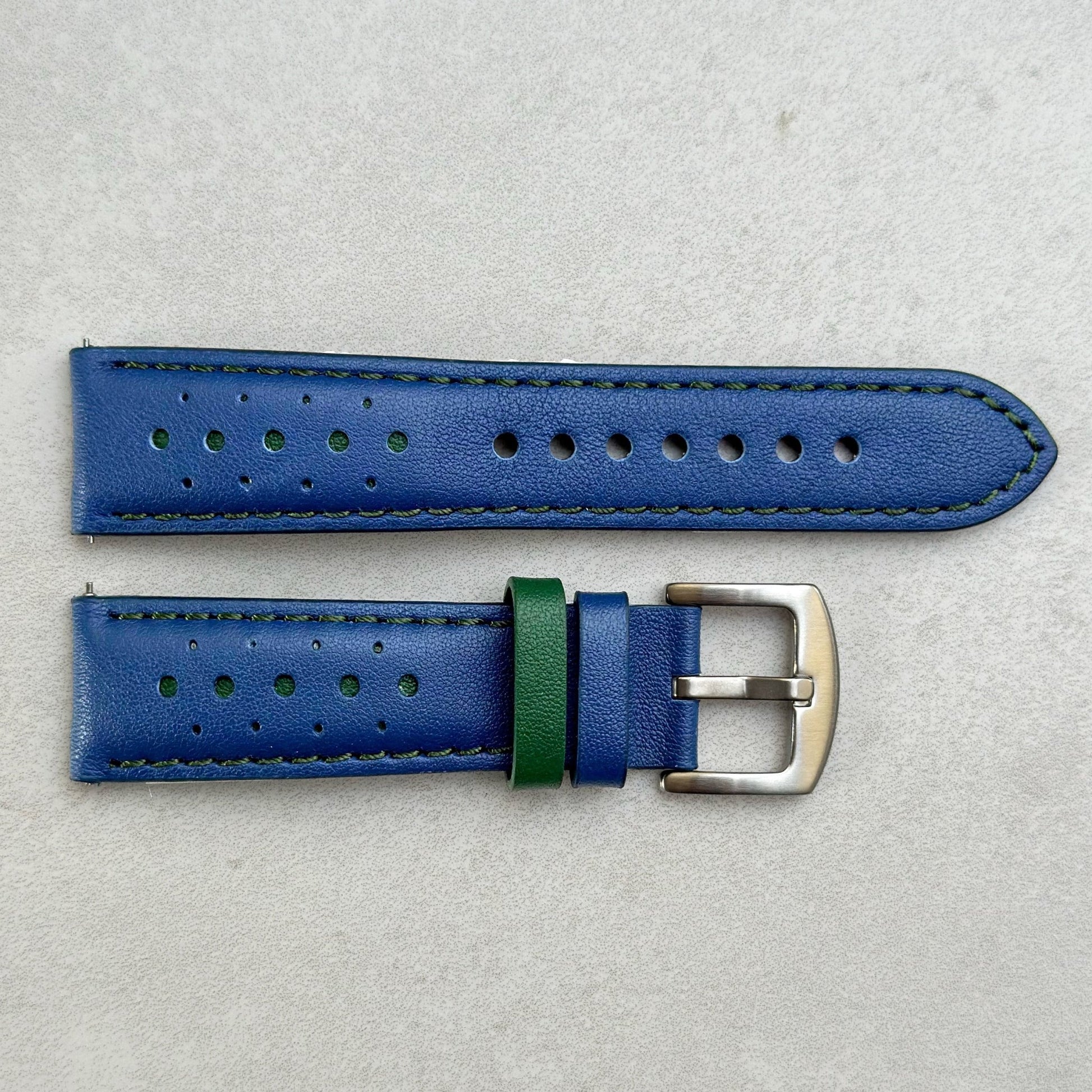 Birds eye view picture of the Le Mans cobalt blue and green full grain leather racing watch strap.