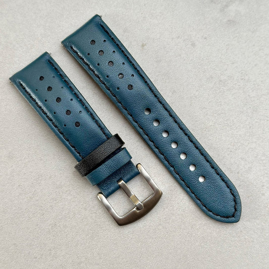 Le Mans blue and black full grain leather racing watch strap. Available in 18mm, 20mm, 22mm and 24mm.
