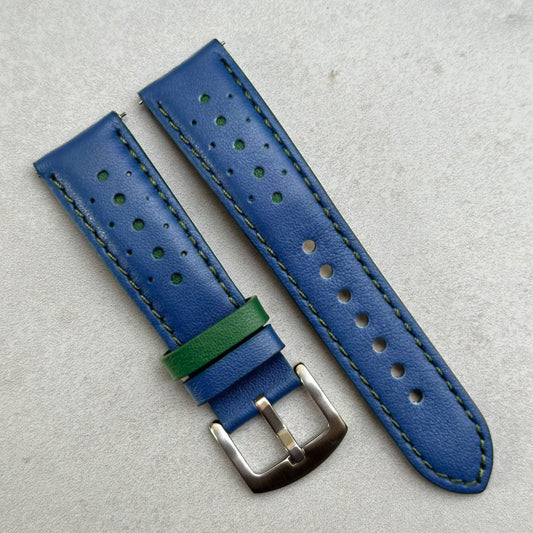 Le Mans cobalt blue and green full grain leather racing watch strap. Available in 18mm, 20mm, 22mm and 24mm.