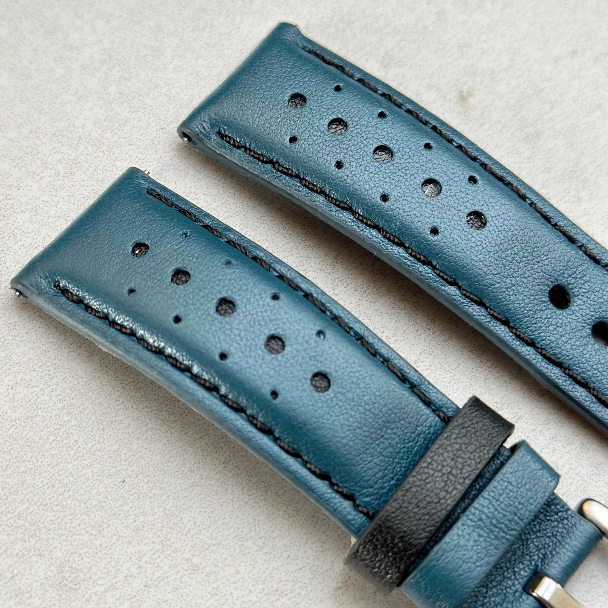 Padded leather racing watch strap. Petrol blue and black full grain leather.