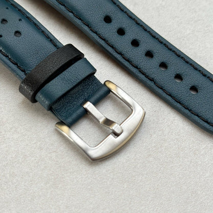 Brushed 316L stainless steel buckle on the Le Mans petrol blue and black leather watch strap.