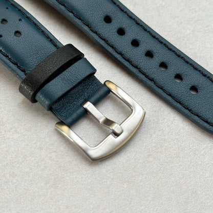 Brushed 316L stainless steel buckle on the Le Mans petrol blue and black leather apple watch strap.