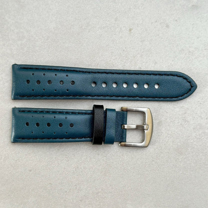 Le Mans petrol blue and black full grain leather racing watch strap. 