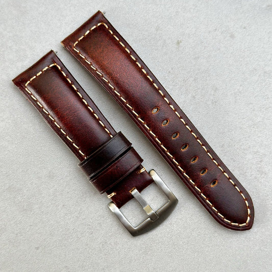 Berlin brown full grain leather watch strap. Contrast ivory stitching, padded watch strap. Watch And Strap.