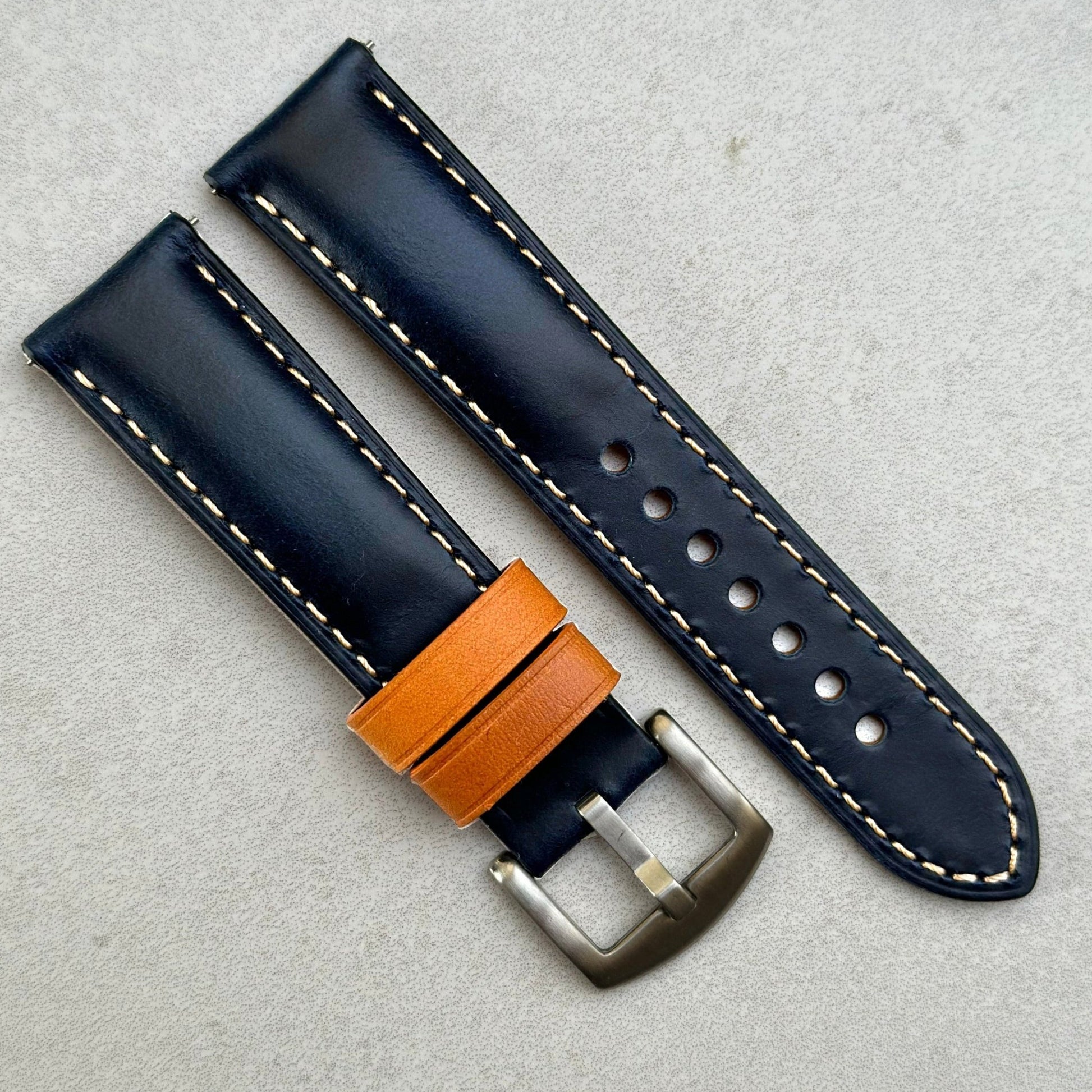 Oxford blue full grain leather watch strap. Contrast tan loops, ivory stitching. 18mm, 20mm, 22mm, 24mm. Watch And Strap