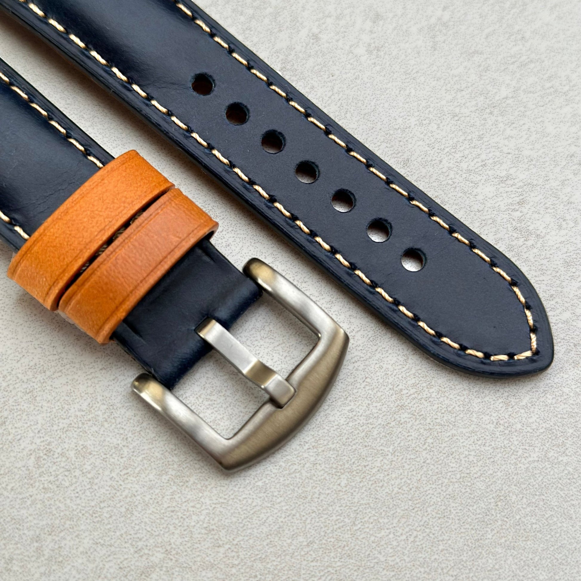 Brushed 316L stainless steel buckle on the Oxford blue full grain leather watch strap. Watch And Strap.