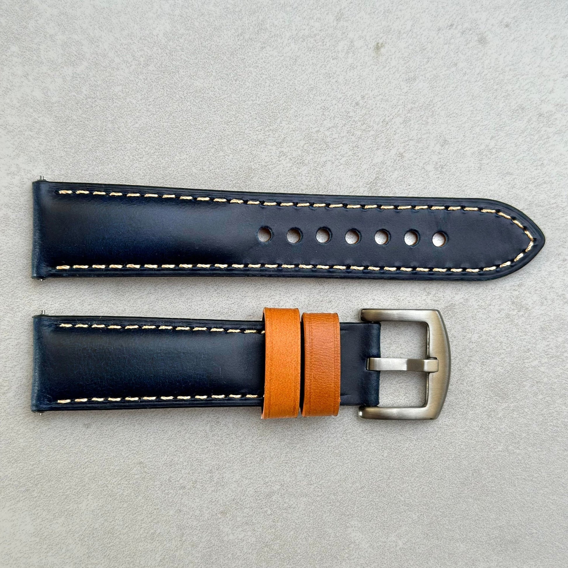 Oxford blue full grain leather watch strap. Ivory stitching. 18mm, 20mm, 22mm, 24mm. Watch And Strap.